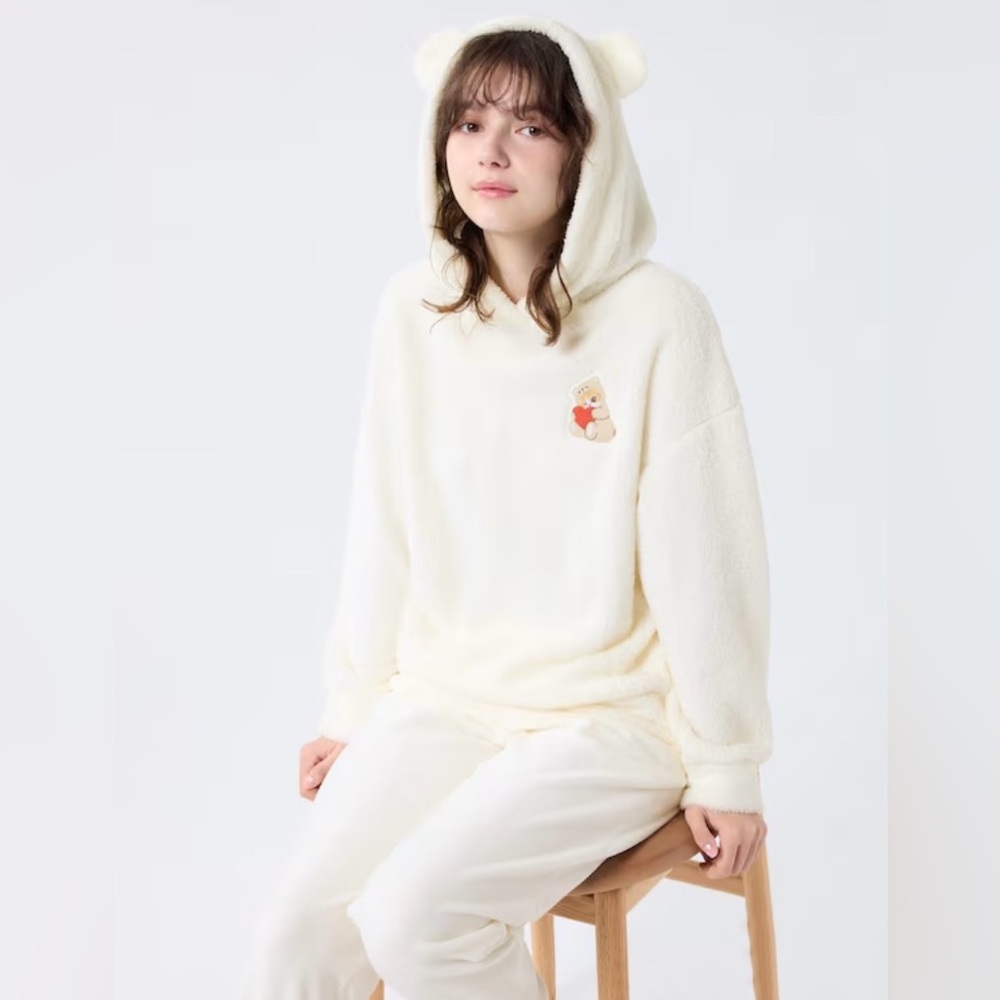 MOFUSAND x UNIQLO UT Fuzzy Fleece Bear Ears Hoodie / Lounge Pants Set L
